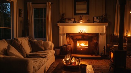 Cozy Living Room with Warm Fireplace and Soft Ambient Lighting