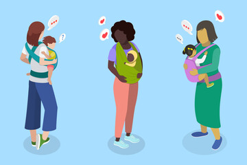 Fototapeta premium 3D Isometric Flat Vector Illustration of Mothers Caring Childs in Baby Sling, Motherhood and Parenting