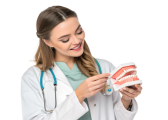 Dentist demonstrating dental hygiene techniques