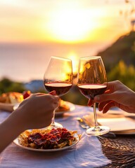 Aerial perspective of a romantic outdoor dinner with wine glasses raised against a sunset backdrop, warm and intimate feel