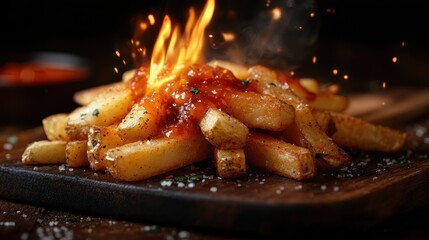Flamed French fries with sauce on wooden board.