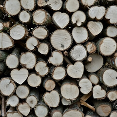 Fototapeta premium Heart-shaped firewood stack, rustic texture, nature background, perfect for winter themes or romantic designs