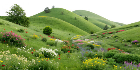Colorful wildflowers bloom in rolling green hills