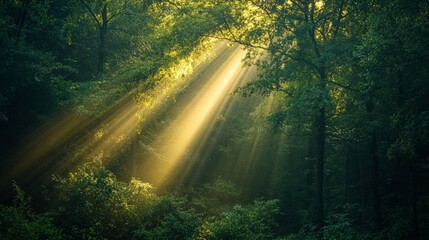 Sunlight Streaming Through Trees in Lush Green Forest Scene