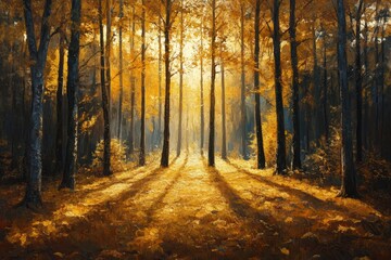 Fototapeta premium Golden autumn forest path, sunlight, tranquility, nature wallpaper