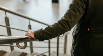Person with green jacket on stairs, orange ribbon for awareness