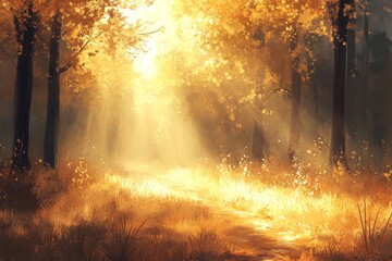 Fototapeta premium Sunlit autumn forest path, magical mood, nature background, ideal for fantasy art