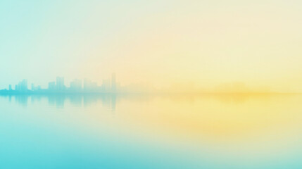 Calm urban skyline at sunrise with pastel blue and yellow hues creating a serene atmosphere