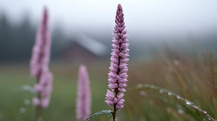 Pink flower in a field on a foggy day. Use Nature photography, background image