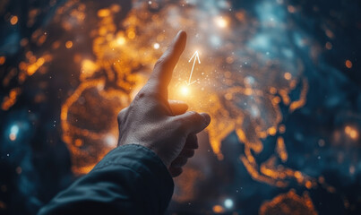 Hand pointing global network connection, future tech background, website banner