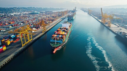 Naklejka premium Aerial view of a port with cargo ships and cranes, highlighting international trade
