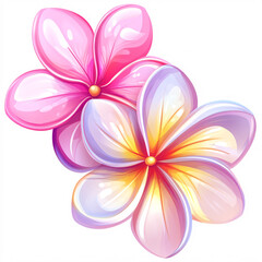 Obraz premium Two stylized tropical frangipani blossoms, one pink and one with lavender and yellow accents, are illustrated against a white background.
