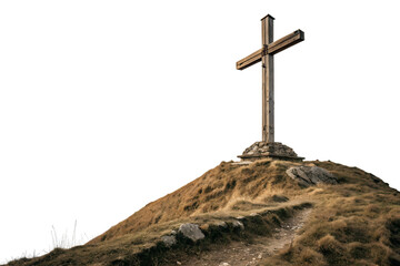 Wooden cross on a hilltop in a serene landscape