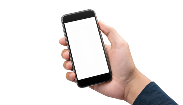 Hand holding smartphone with blank screen isolated