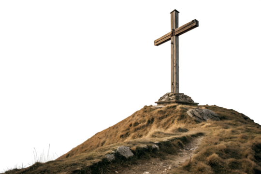 Wooden cross on a hilltop in a serene landscape