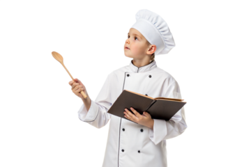 Young chef holding a spoon and cookbook in kitchen