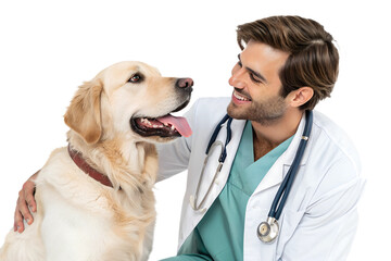 Vet smiles with golden retriever