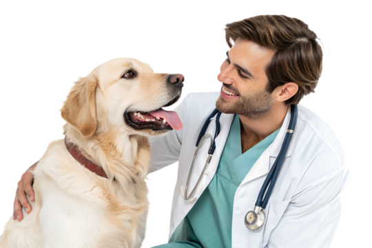 Vet smiles with golden retriever