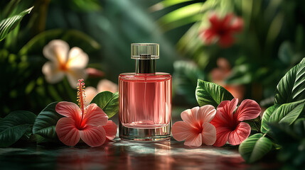 Tropical perfume bottle surrounded by hibiscus and plumeria flowers, soft sandy tones and sunlight creating a summery floral vibe