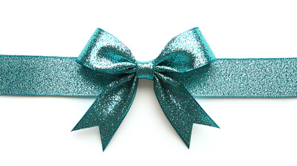 Turquoise ribbon with glitter tied in sparkling bow isolated on white background.