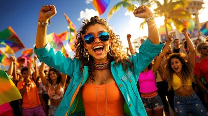 A group of people at a gay pride parade with their hands in the air