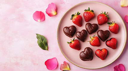 Valentines day pale pink tabletop with heart shape strawberries dipped in chocolate on plate, banner design concept with copy space for text.