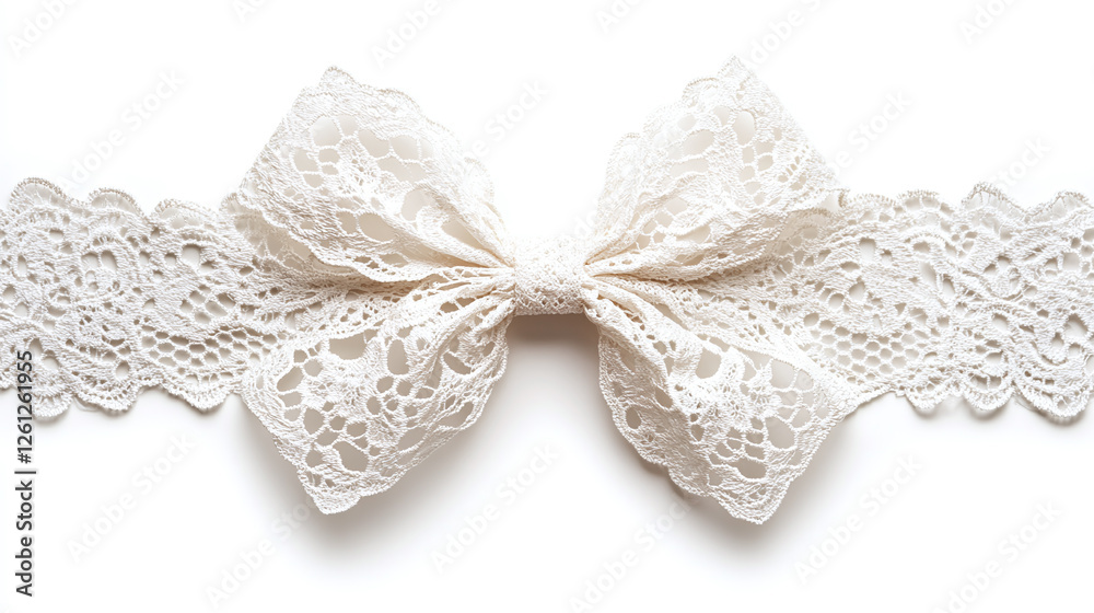 Wall mural White lace ribbon with intricate floral design tied into delicate bow isolated on white background.