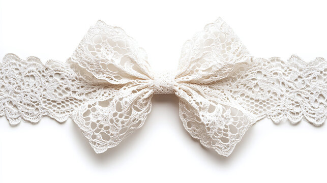 White lace ribbon with intricate floral design tied into delicate bow isolated on white background.