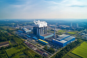 Aerial View of Modern Nuclear Power Plant with Cooling Towers Emitting Steam Against Clear Blue Sky, Surrounded by Lush Green Fields, Symbolizing Clean Energy and Environmental Balance