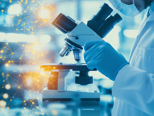Biologist conducting research with a microscope in a laboratory during daytime