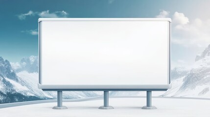 Fototapeta premium Blank Billboard Mockup Snowy Mountain Road - A pristine blank billboard stands on a snowy mountain road, symbolizing opportunity, advertising potential, winter travel, scenic beauty