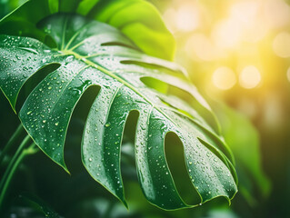 Fototapeta premium Lush green monstera leaf glistening with rain droplets under soft sunlight in a serene tropical environment