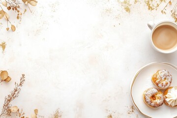 Xícara de café elegante com detalhes dourados, acompanhada de doces e decorações festivas em fundo branco, criada com IA generativa para um visual sofisticado e convidativo