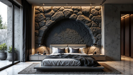 Modern bedroom design with rock wall