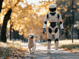 Robot and dog enjoy a walk in the autumn park surrounded by colorful leaves during a sunny afternoon