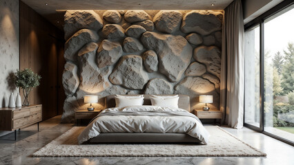 Modern bedroom design with rock wall