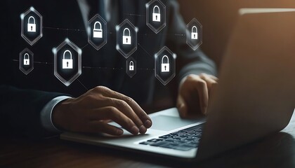 Businessman working with modern laptop and virtual icons for data management and cybersecurity