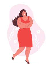 A woman hugs herself, loves, accepts herself as she is. Mental health, body positivity. Vector flat graphics.