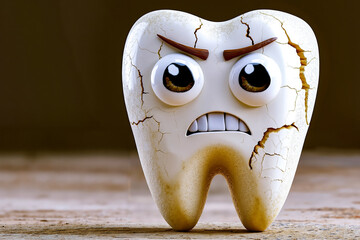 A broken tooth with a sad face on it's face