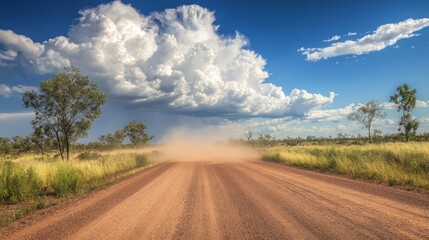 Dusty Outback Road with Dramatic Clouds and Greenery in Australia