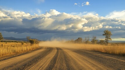Fototapeta premium Dusty Country Road Under Blue Sky and Dramatic Cloud Formation