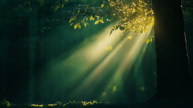 Erleuchtet von Sonnenstrahlen: Majest&auml;tischer Baum im tiefen Wald

