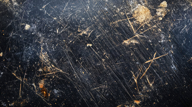 Macro view of scratched black wooden surface highlighting grunge texture and dirt details