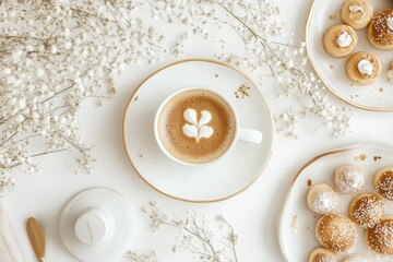 Xícara de café elegante com detalhes dourados, acompanhada de doces e decorações festivas em fundo branco, criada com IA generativa para um visual sofisticado e convidativo