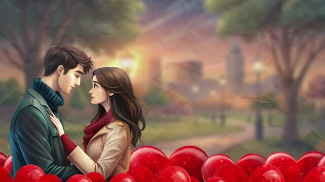Young couple in love romantically holding hands and looking into each other's eyes, many hearts below. Dating concept. Empty space for text. Smooth animation on color paper background