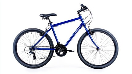 Fototapeta premium Blue Urban Bicycle on White Background - A vibrant blue bicycle, perfect for city commutes or leisure rides. Symbolizing freedom, adventure, health, exploration, and urban lifestyle