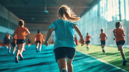 A young girl runs energetically in a sports facility, surrounded by peers, showcasing movement and teamwork in an active environment.