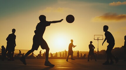Silhouettes of children playing basketball during sunset, creating a vibrant and energetic atmosphere against a picturesque backdrop.