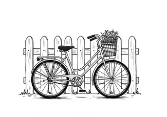 Fototapeta premium Black and white vintage bicycle with flowers coloring page, standard print size