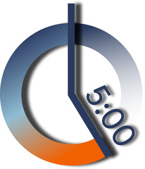 Analog and digital clock with dark blue number and orange and blue gradient base, showing 5 o'clock.